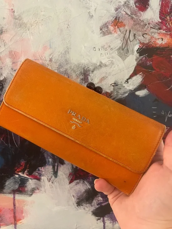 Prada Orange Leather Continental Wallet Gold Logo Zip Clutch - Picture 4 of 14